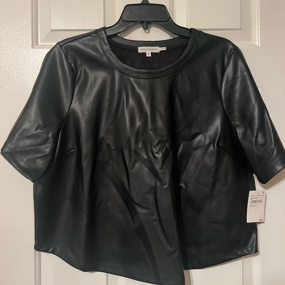 Good American Black Faux Leather Crop Top